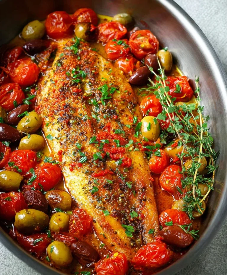 Baked Fish with Tomatoes & Olives- Easy & Delicious