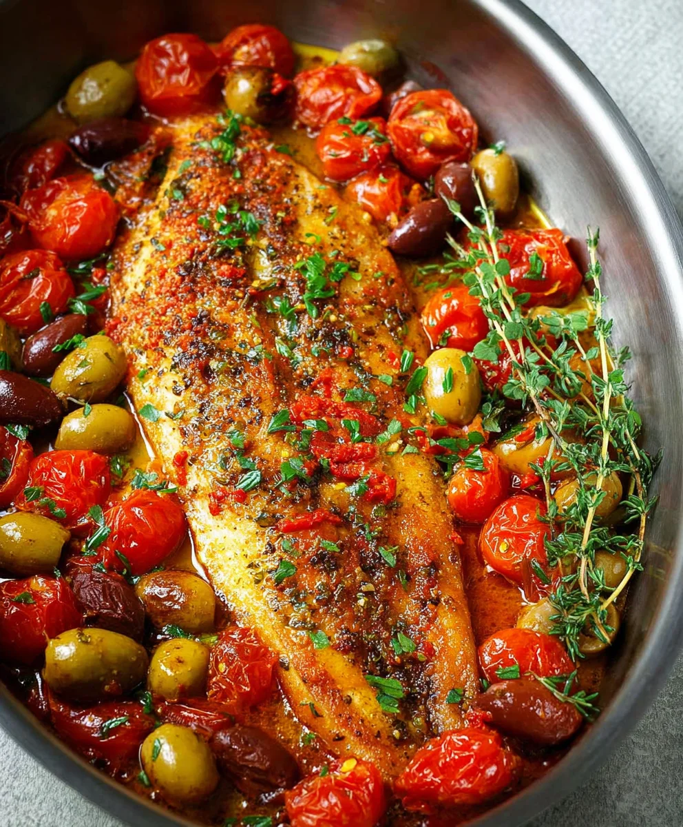 Baked Fish with Tomatoes & Olives- Easy & Delicious