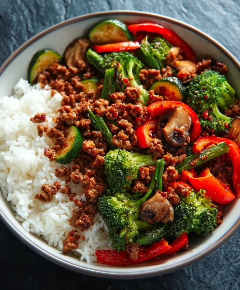 Spicy Beef Stir-Fry with Garlic Veggies and Rice
