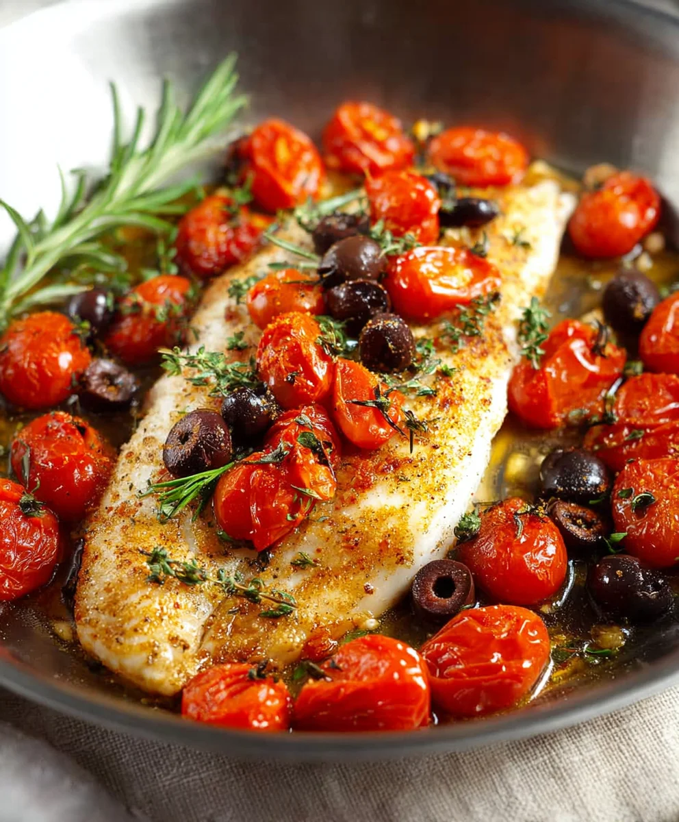 Baked Fish with Tomatoes & Olives- Easy & Delicious