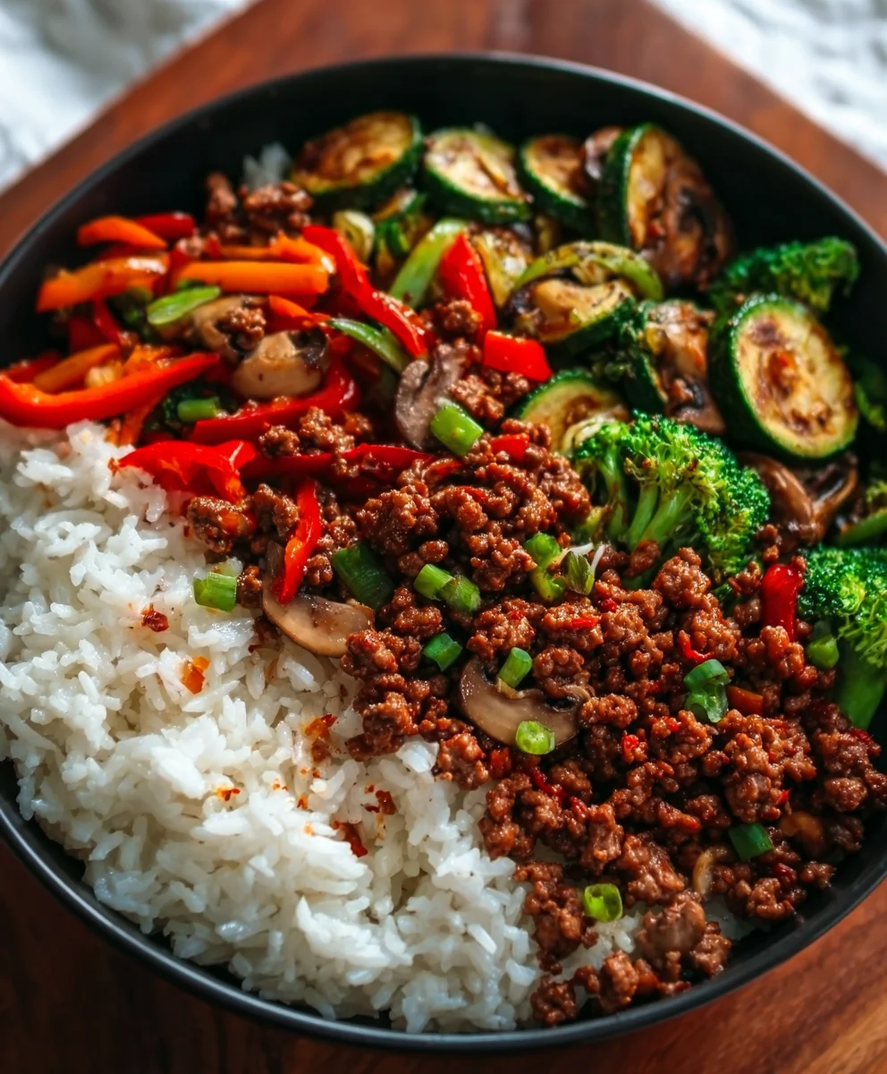 Spicy Beef Stir-Fry with Garlic Veggies and Rice